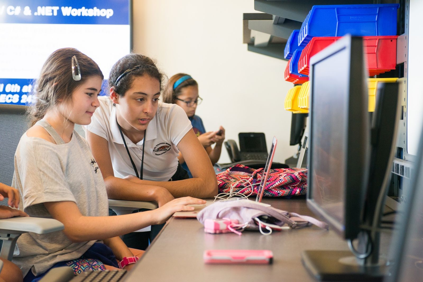 Two young girls sitting at a computer